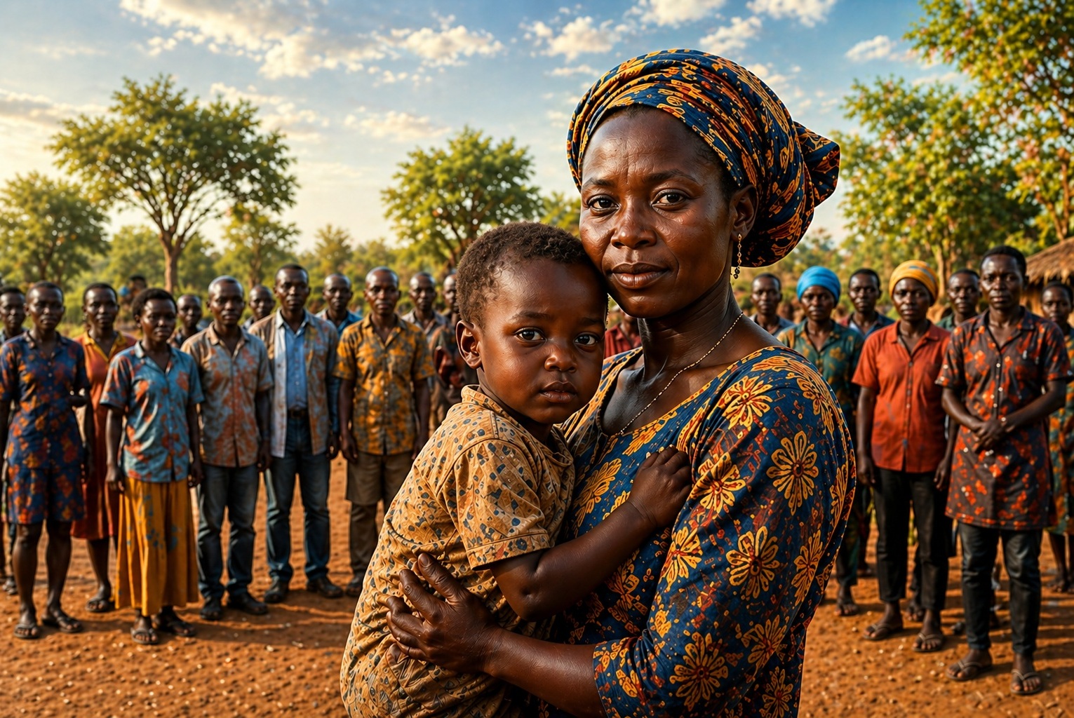 A mother holding a child in a conflict-affected community